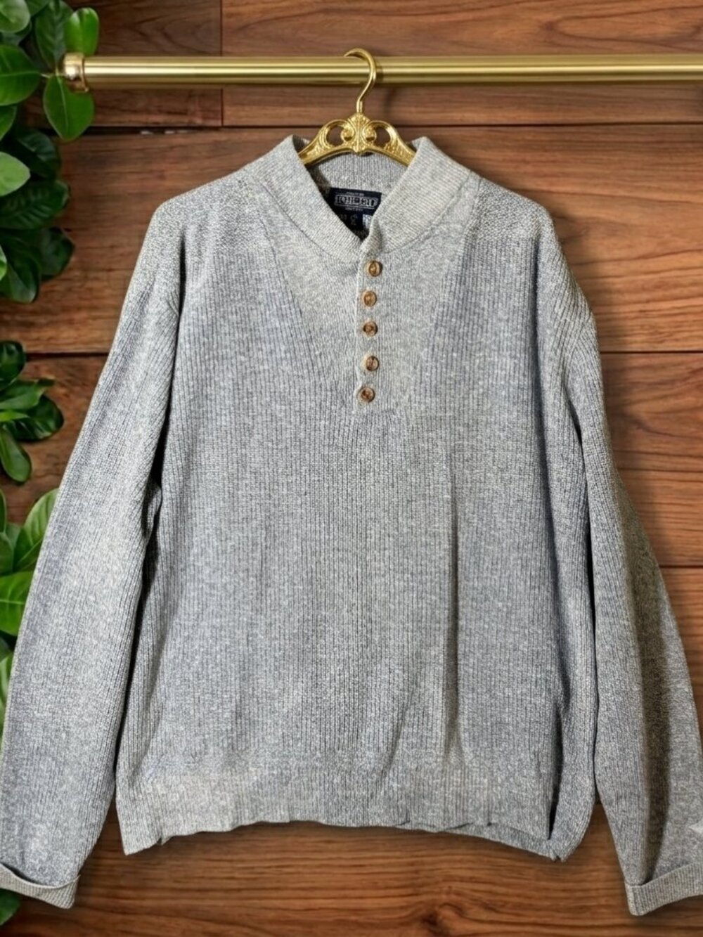 Lands End Sweater Men XL Long Baby Blue Henley Pullover VTG Made in USA Cotton